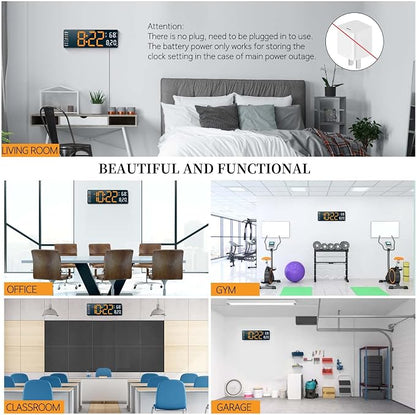 Abovsare Digital Wall Clock for Living Room Decor, Desk Alarm Clock for Bedroom, Large Wall Clock with Remote Control, Automatic Brightness Dimmer LED Clock with Date Temperature Week (Orange-B)