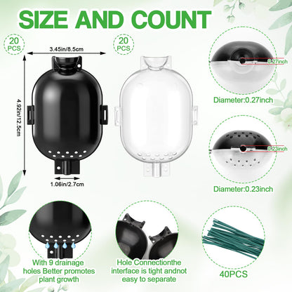 AceOrbit 20 Pack Air Layering Propagation Kit with Drain Holes - Half Transparent Tree Root Plant Growing Box with Metal Core Twist Ties Reusable High Pressure Grafting Ball for Fast Propagation Roots