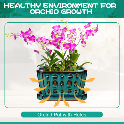 Teenyyou 1 Set Orchid Pot with Holes 7 Inch Ceramic Orchid Pot with Saucers for Repotting Amaryllis Flower Planter Include Gardening Shovel Set and Gloves for Home Decor(Green)