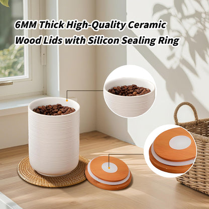 Food Storage Jar Strong Ceramic Storage Canisters with Airtight Wooden Lid,Kitchen Storage Containers for Serving Coffee Beans, Tea, Sugar, Salt, Spices (White three-piece suit)