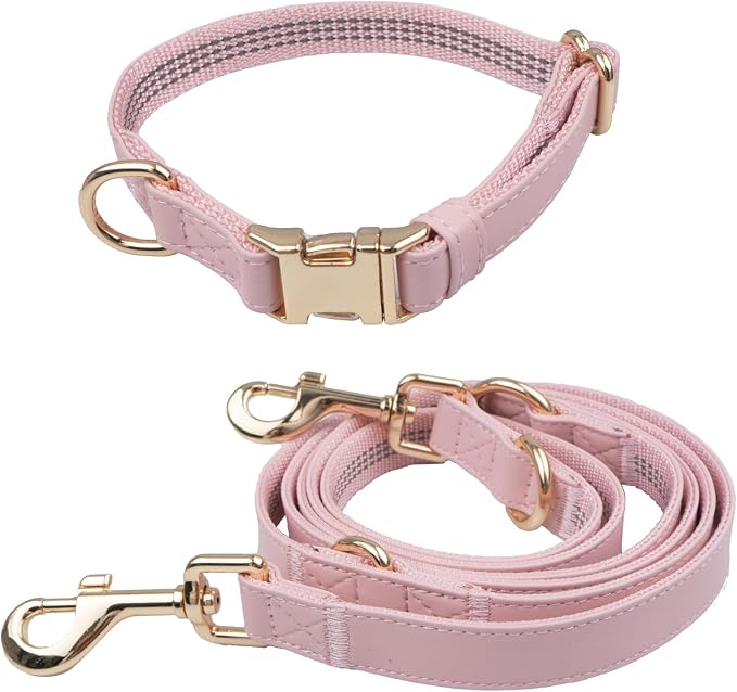 Leather Dog Collar and Leash Set 7FT Reflective at Night - Soft and Easy to Clean Vegan Leather with Gold Metal Buckle for Small Medium Large Dogs (L, Pink)