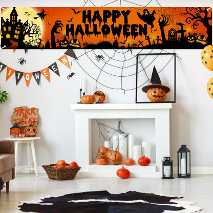 Avezano Happy Halloween Banner Large 98.4 x19.6 Inch Yard Sign Banner Black and Orange Halloween Party Decorations Welcome Hanging Flag Outdoor Fence Garage Garden Porch Holiday Backdrop