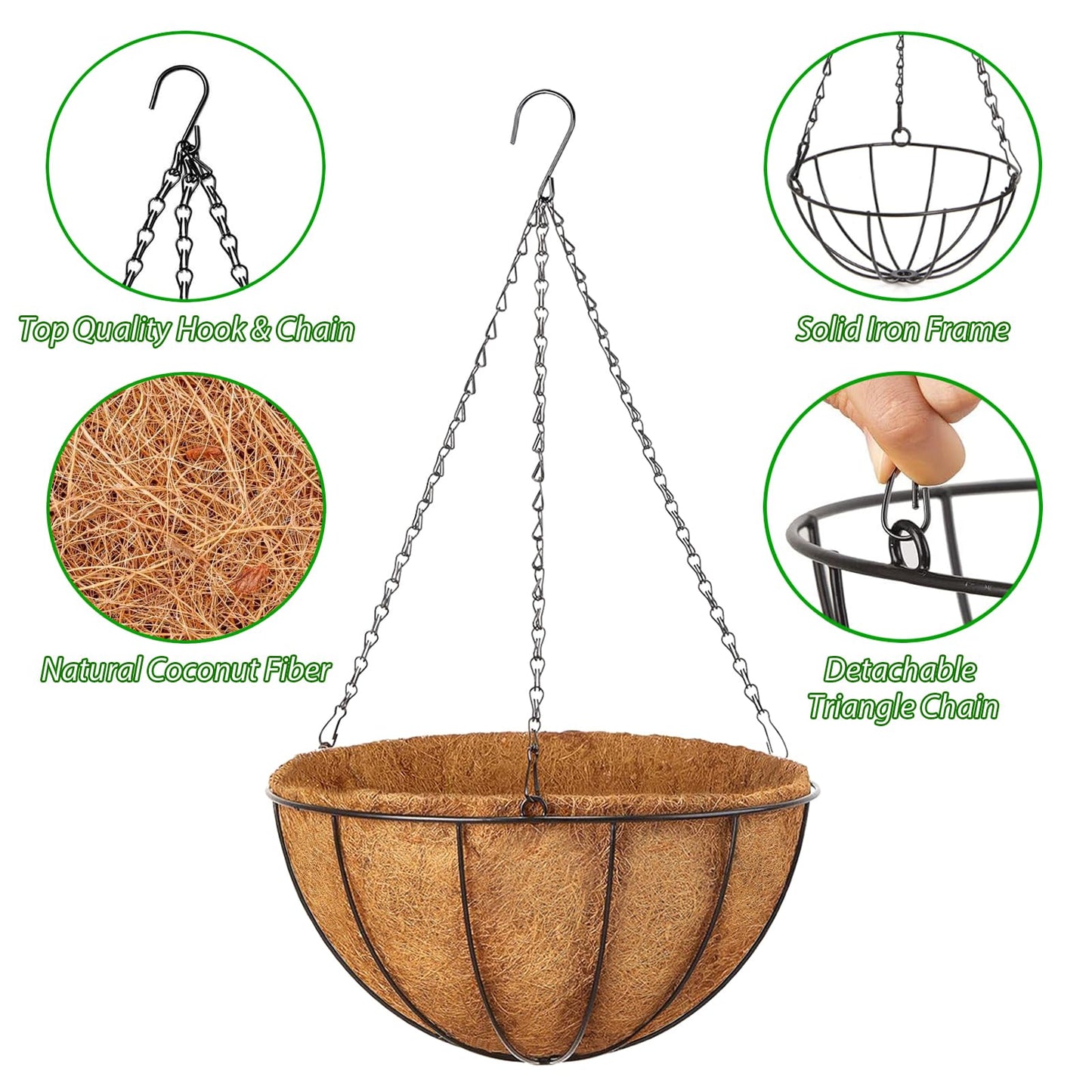 LCHUANG Hanging Baskets Planter for Plants - 4 Pack 14 Inch Metal Baskets with Coco Coir Liner, Hanging Flower Pots for Outside with Chain, Indoor Outdoor Garden Porch Decoration (14'' Pack of 4)