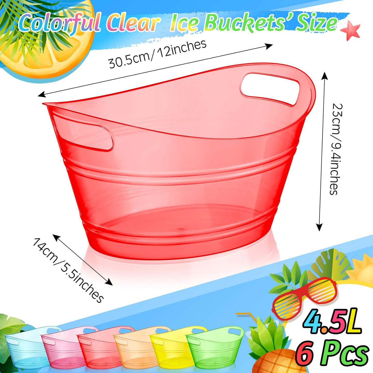 meekoo 6 Pcs Plastic Ice Buckets Bulk with Handles 4.5L Oval Storage Tub Large Capacity Ice Drink Bucket for Easter Summer Party Bar Wine Beer Champagne Beverage Bottle Cooler(4.5 L,Multicolor)
