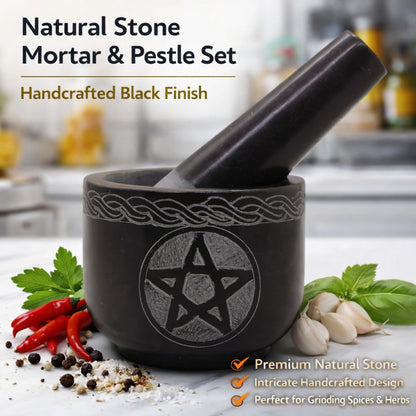 KC KULLICRAFT Mortar and Pestle Set Unique - Black Pestle and Mortar Bowl Solid Stone Grinder for Herbs Spice Guacamole Garlic Ginger Root