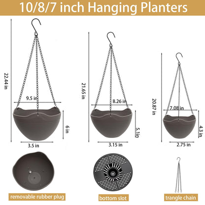 One Boat Hanging Planters for Indoor Plants 3 Pack - 7/8/10 Inch Plastic Hanging Pots with Water Sieve Mesh, Small Hanging Pots for Home Garden, Porch, Balcony & Patio Decor, Black