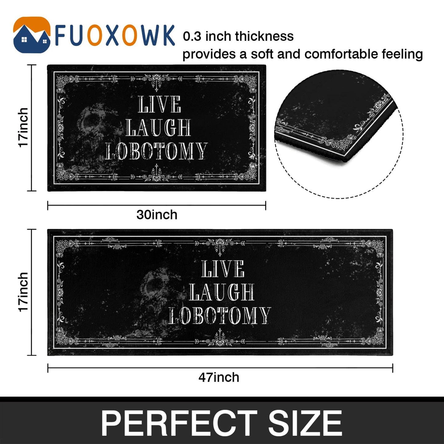 Fuoxowk Goth Kitchen Mat Set of 2 - Non Slip Halloween Spooky Kitchen Rugs Black Goth Rug Skull Witchy Rug for Home Kitchen - Live Laugh Lobotomy Sign - Halloween Gothic Kitchen Decor Accessories