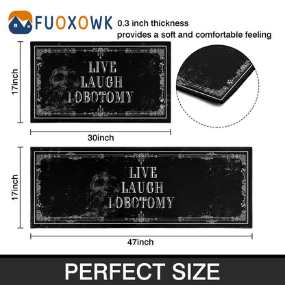 Fuoxowk Goth Kitchen Mat Set of 2 - Non Slip Halloween Spooky Kitchen Rugs Black Goth Rug Skull Witchy Rug for Home Kitchen - Live Laugh Lobotomy Sign - Halloween Gothic Kitchen Decor Accessories