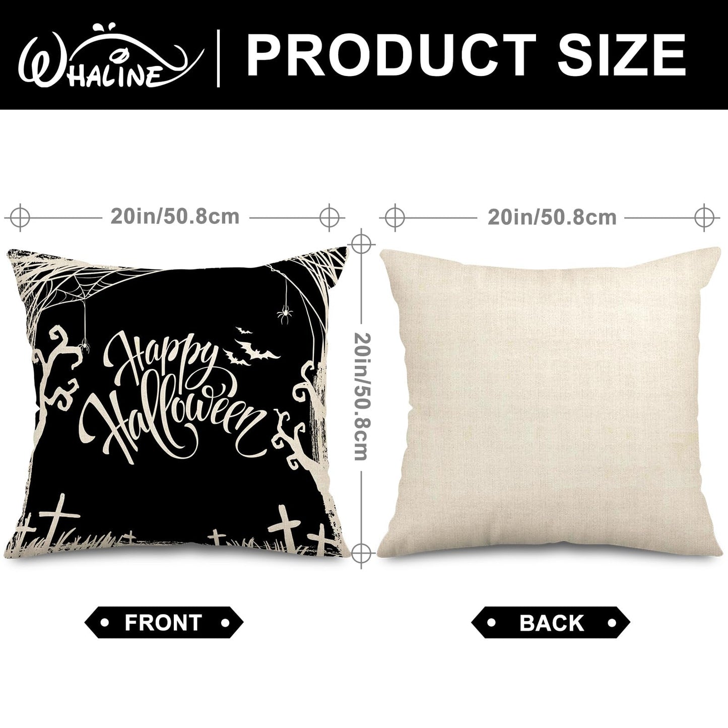 Whaline Happy Halloween Pillow Cover 20 x 20 Inch Pumpkin Spider Web Pillow Case Black Linen Throw Cushion Cover Cushion Cases for Home Office Halloween Sofa Bed Decoration, 4Pcs