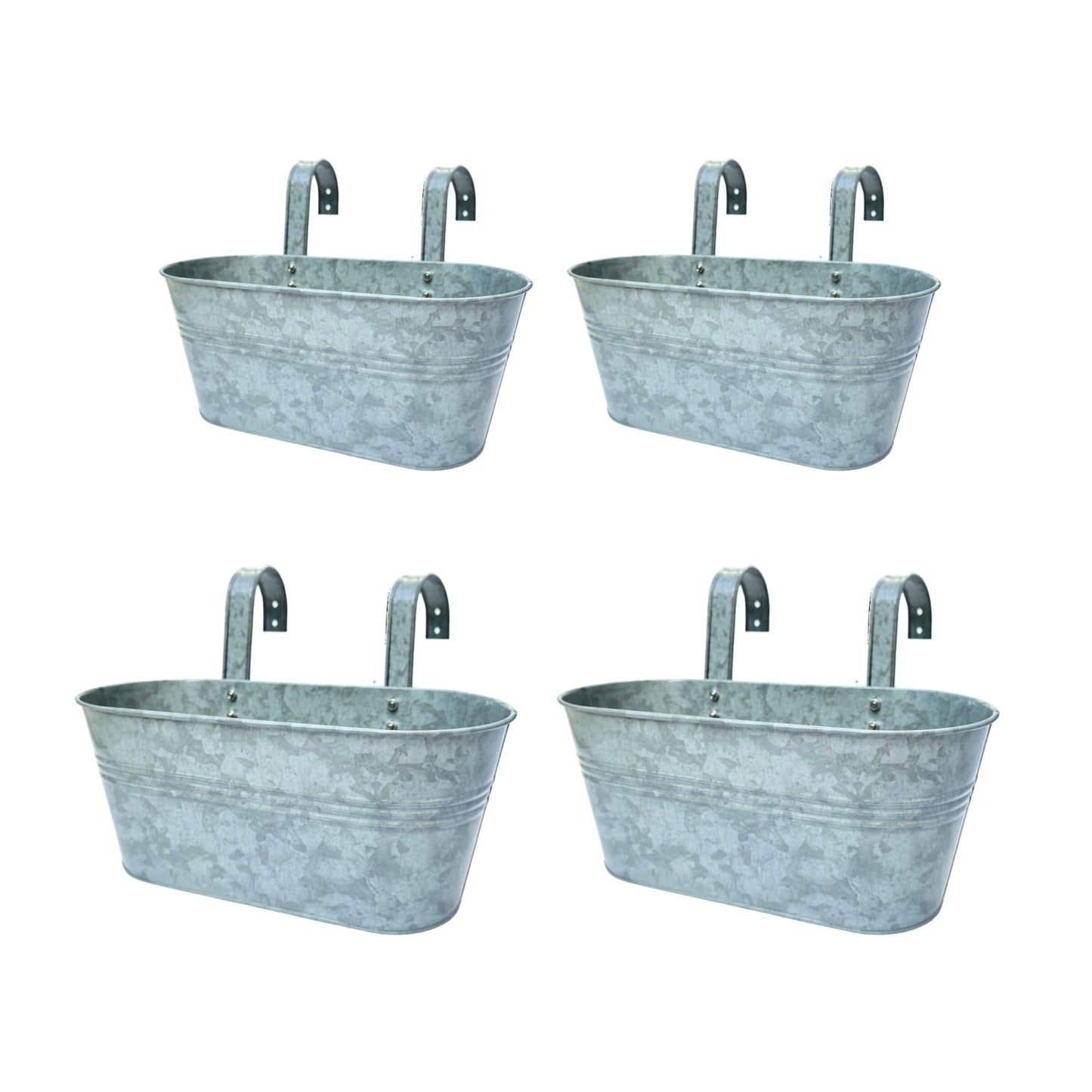 LaLaGreen Bundle- 2 Pack, 11.2 Inch + 2 Pack, 15 Inch Siver Metal Pot Hanging Window Flower Herb Boxes with Hook Modern Countryside Outdoor Bucket Garden Decor Rail Fence Home Porch Balcony Boho Style