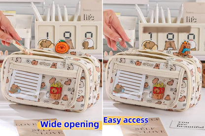 VTYFRY Cute Kawaii Pencil Case Pouch Cartoon Pen Box Holder Organizer for Office Workspace Supplies Desk Accessories Travel Essentials Aesthetic Trendy Cool Stuff Gift Large Capacity (White Kapibala)