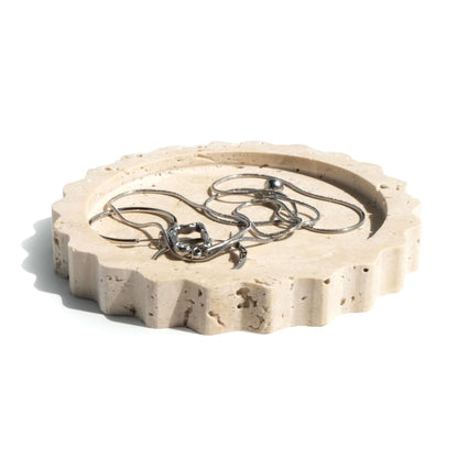 seicasaya 5.5 Inch Small Scallop Edge Tray, Hand-Carved Natural Stone Jewelry Holder, Travertine & Marble Vanity Tray for Rings, Candles, or Keys (Travertine)