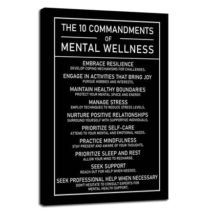 The 10 Commandments Of Mental Wellness Motivational Canvas Poster Healthy Growth Wall Art Prints Artwork for Office Living Room Modern Home Decor Painting Pictures Stretched and Framed[12''Wx 18''H]