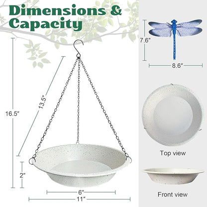 Hanging Bird Bath for Outdoor,Gray Speckled Granite Look Metal Bird Feeder Birdbath Bowl with 17” Rust-Proof Black Chains for Garden Backyard Decor
