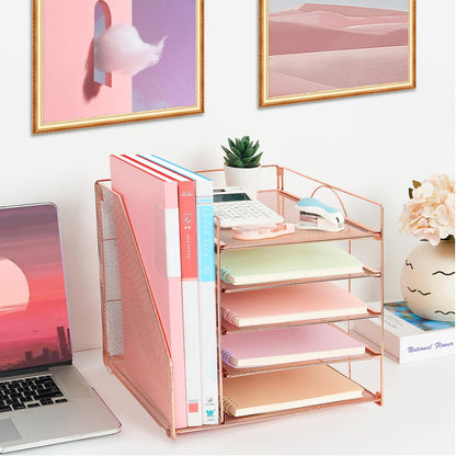 LEKETREE Desk Organizers and Accessories, 5-Tier Paper Letter Tray Organizer with File Holder, Desktop Organizer for Office Supplies (Rose Gold)