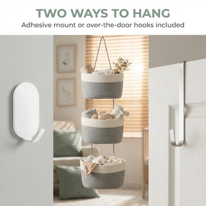 Wycoroy 3-Tier Woven Cotton Rope Hanging Basket, Over the Door Organizer, Adjustable Detachable Wall Basket with Metal & Adhesive Hooks, No Drilling for Farmhouse, Boho Home and Wall Decor