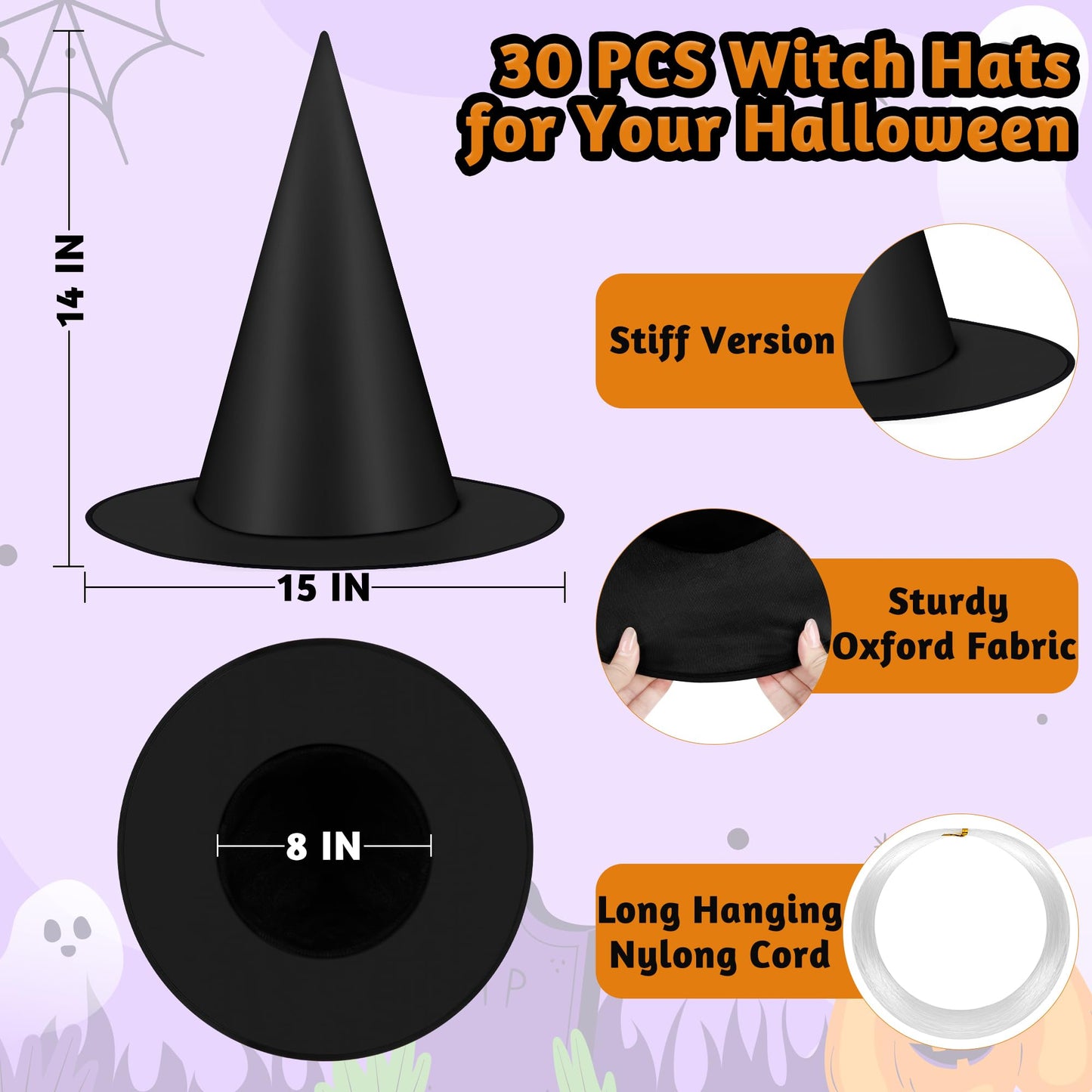 Luces 30 PCS Black Witch Hats, Witches Halloween Decor, Thickened Hanging Wizard Hat with 492 FT Rope Costume Accessory Floating Witches Hats Outdoor, Halloween Birthday Party Decorations Front Porch