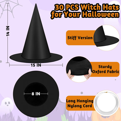 Luces 30 PCS Black Witch Hats, Witches Halloween Decor, Thickened Hanging Wizard Hat with 492 FT Rope Costume Accessory Floating Witches Hats Outdoor, Halloween Birthday Party Decorations Front Porch
