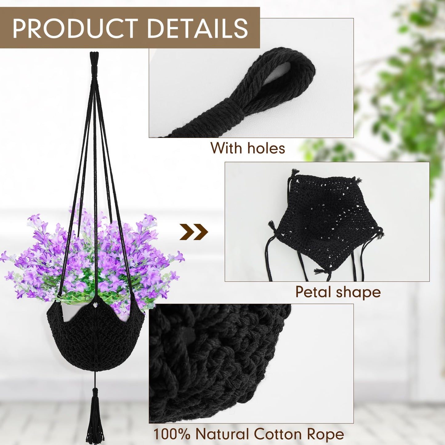 Shappy 3 Pack Boho Macrame Plant Hanger, Large Hanging Planter Plant Holder Pot Hanger Hanging Basket Wall Planters, Plants Lover Gift for Indoor Garden (Classic,Black)