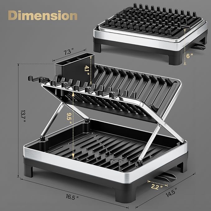 Dish Drying Rack, 2-Tier Stainless Steel Dish Rack with X-Frame and Drainage Spout, Large Collapsible Dish Drainer for Kitchen Counter, Dish Strainer with Utensil and Wine Glass Holder, Pure Black