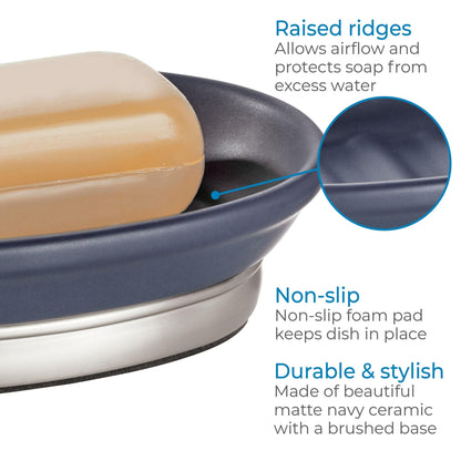 iDesign Ceramic and Steel Bar Holder, The York Collection Soap Dish, Matte Navy/Brushed Nickel