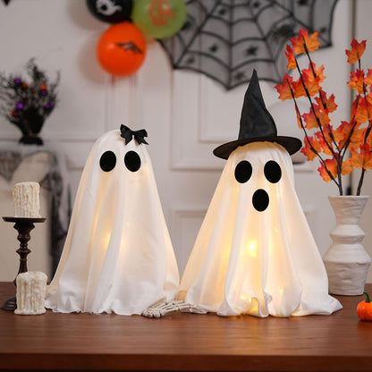 KIWDY [Timer] Light Up Halloween Scary Ghost Decorations, Set of 2 DIY Spooky Crafts for Indoor Home Mantel Shelf & Tabletop Decor White