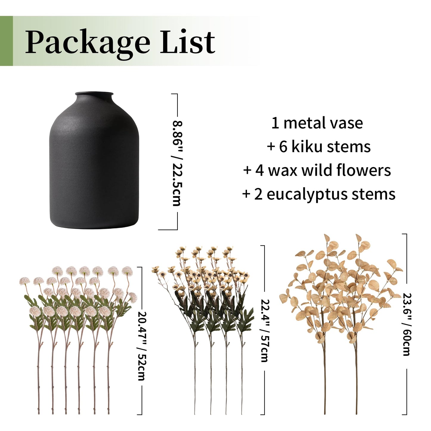BLOSMON Beige Faux Flowers in Vase: Metal Vase with 12 Stems of Fake Mums Wax Eucalyptuses for Dining Table Centerpiece Decor - Artificial Silk Kiku Pom Poms Wild Farmhouse Floral Arrangements