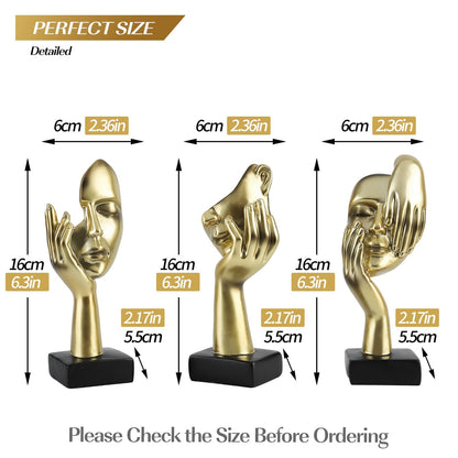 Modern Living Room Decoration - Gold Abstract Sculpture Decor For Shelves, Thinker Statues Set Of 3, Resin Face Knick Knacks Home Decor For Office Bookshelf, Shelf Side, Table, Gift For Friends