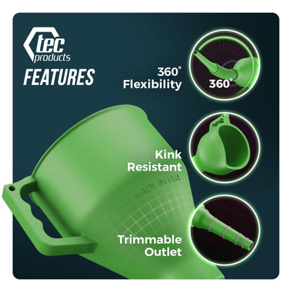 TEC Products FlexAll Long Flexible Funnels - Automotive Oil Funnel with Hose, Durable Nitrile Rubber for Oil Change, Transmission Funnel Fluid, Diesel, Fuel, Gas - Made in USA - Green (16 x 5 Inches)