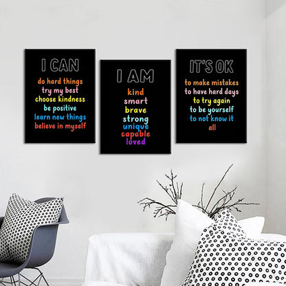 PSYYSP Positive Affirmations Wall Decor For Kids Bedroom Classroom Posters Growth Mindset I Am I Can It Is Ok Inspirational Canvas Art Set 3 Piece Framed Office Decor 16x36 Inch Triptych Artwork