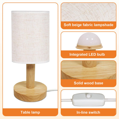 Puzipha Small Bedside Table Lamp with USB Powered, Minimalist Rustic Wood Base &Linen Shade, 2700K Warm Eye-Care Night Light, Farmhouse Boho Nightstand Lamp for Bedroom Dorm Nursery Kids Room Kitchen