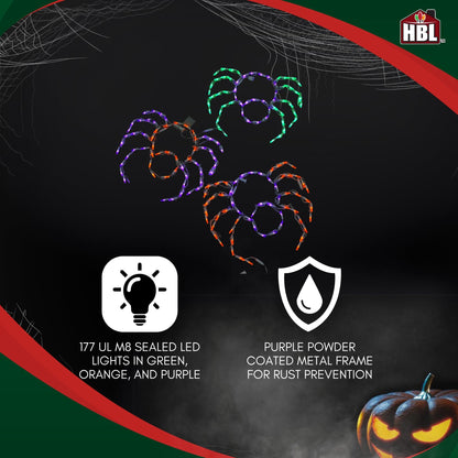 Holiday Bright Lights Small Spiders 3-Pack 15" H x 20" W LED Lighted Outdoor Halloween Décor Green, Orange, Purple Lights