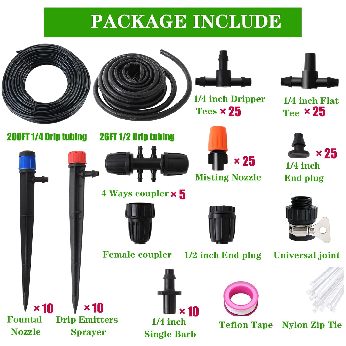 226FT Greenhouse Micro Drip Irrigation Kit Automatic Irrigation System Patio Misting Plant Watering System with 1/4 inch 1/2 inch Blank Distribution Tubing Hose Adjustable Nozzle Emitters Sprinkler
