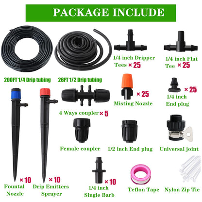226FT Greenhouse Micro Drip Irrigation Kit Automatic Irrigation System Patio Misting Plant Watering System with 1/4 inch 1/2 inch Blank Distribution Tubing Hose Adjustable Nozzle Emitters Sprinkler