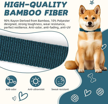 Peacock Blue Dog Collar and Leash Set for Medium Dogs Soft and Breathable of 90% Rayon from Bamboo and 10% Polyester Comfortable Skin-Friendly, Adjustable Leash Set with Quick Release Buckle