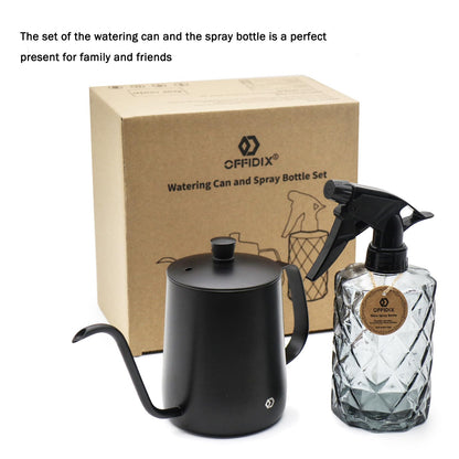 OFFIDIX Watering Can for Indoor Plants,Long Spout Metal Stainless Steel 21 oz Watering Can with 14 oz Glass Plant Mister Spray Bottle for Plant Bonsai