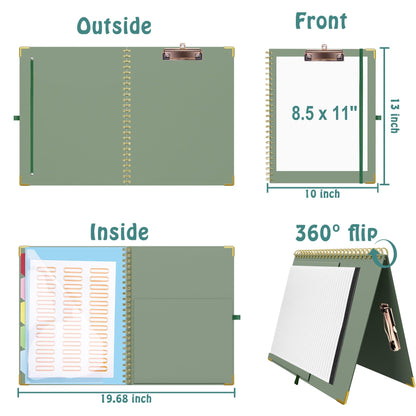HAUTOCO Clipboard Folio with Refillable Notepad for Letter Size (11" x 8.5"), 5 Dividers with 10 Pockets, Elastic Pen Holder and File Folder Labels, Spiral Nurse Clipboard Artboard(Green)