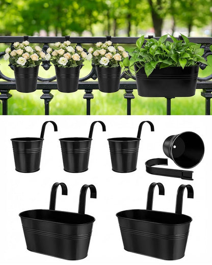 vensovo 6 Pcs Metal Railing Planters Set, 10.8" Oval & 5" Round Hanging Flower Pots with Detachable Hooks, Black Fence Planter Baskets for Outdoor Plants, Herbs & Succulents, Garden Decor