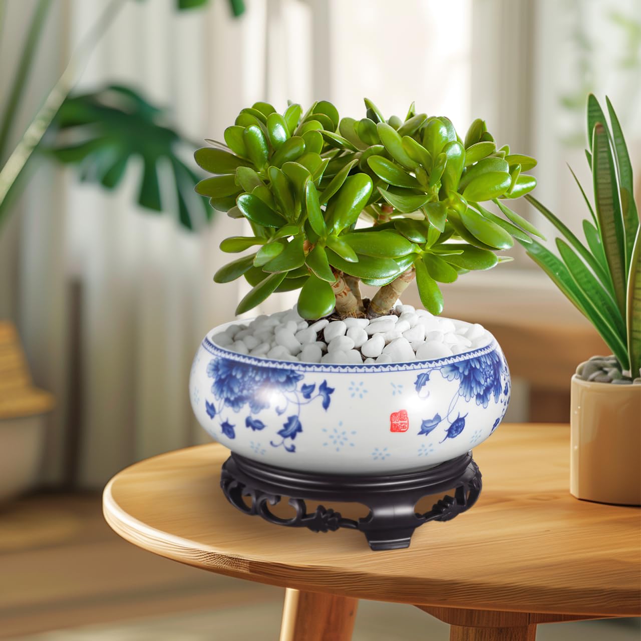 DOITOOL 7 Inch Lotus Bowl Planter Water Lily Pot with Stand, CactuSucculent Planters Cactus Hydroponic Container, Ceramic Blue and White Pots for Water Plants Lotus Flower Bonsai, No Drainage Hole