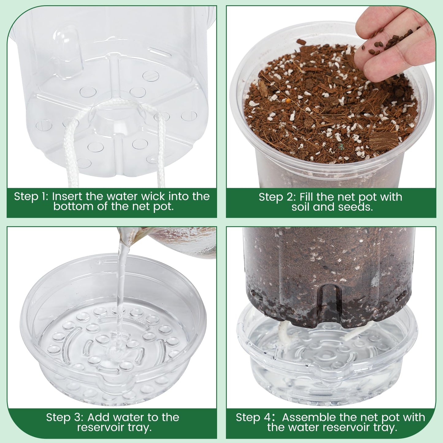 Bluepro 20 Pack 5 Inch Clear Self Watering Plant Pots with Bottom Water Tray & Watering Rope, Transparent Nursery Pots with Drainage for Seedlings, Herbs, and Houseplants