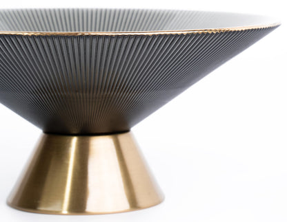 Tapered Glass Decorative Bowl(Gray), 9.8 Inches Handblown Striped Glass Bowl with Gold Trim and Rust Resistant Metal Base,Decor Fruit Bowl for Home Decor,Table Centerpiece,Kitchen Island,Dining Decor