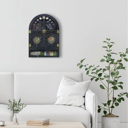 FNYDOX Large Crystal Display Shelf for Wall, Crescent Moon Phase Shelf Wall Decor, Wooden Arch Shelf, Tree of Life Crystal Holder Organizer, Cabinet for Gem Stone Rock, Spiritual Home Room Decor