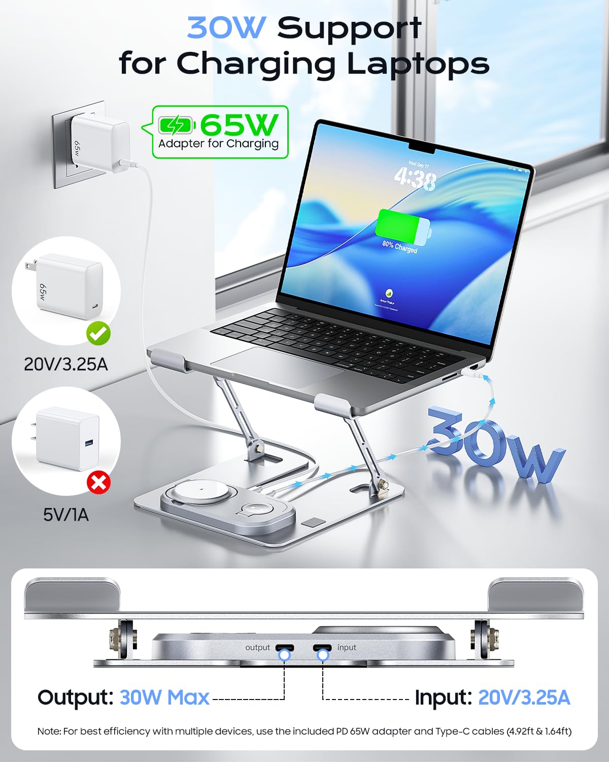 Meifigno Laptop Stand for Desk with Wireless Charging Station Base, Foldable Aluminum MacBook Stand with MagSafe Charger for iPhone/iWatch/AirPods, 30W USB-C Charging for All Laptop, with 65W Adapter