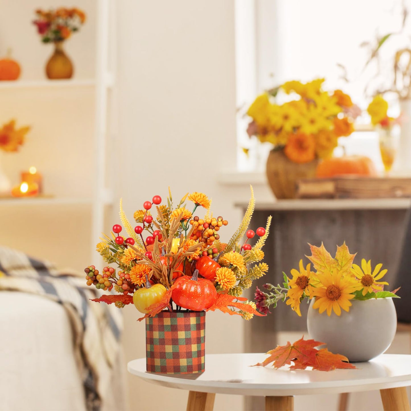 Super Holiday Fall Decor, 12" Artificial Orange Pumpkin Berry Maple Tree Halloween Thanksgiving Table Centerpieces Decorations, for Home Farmhouse Autumn Harvest Holiday Party Decor.