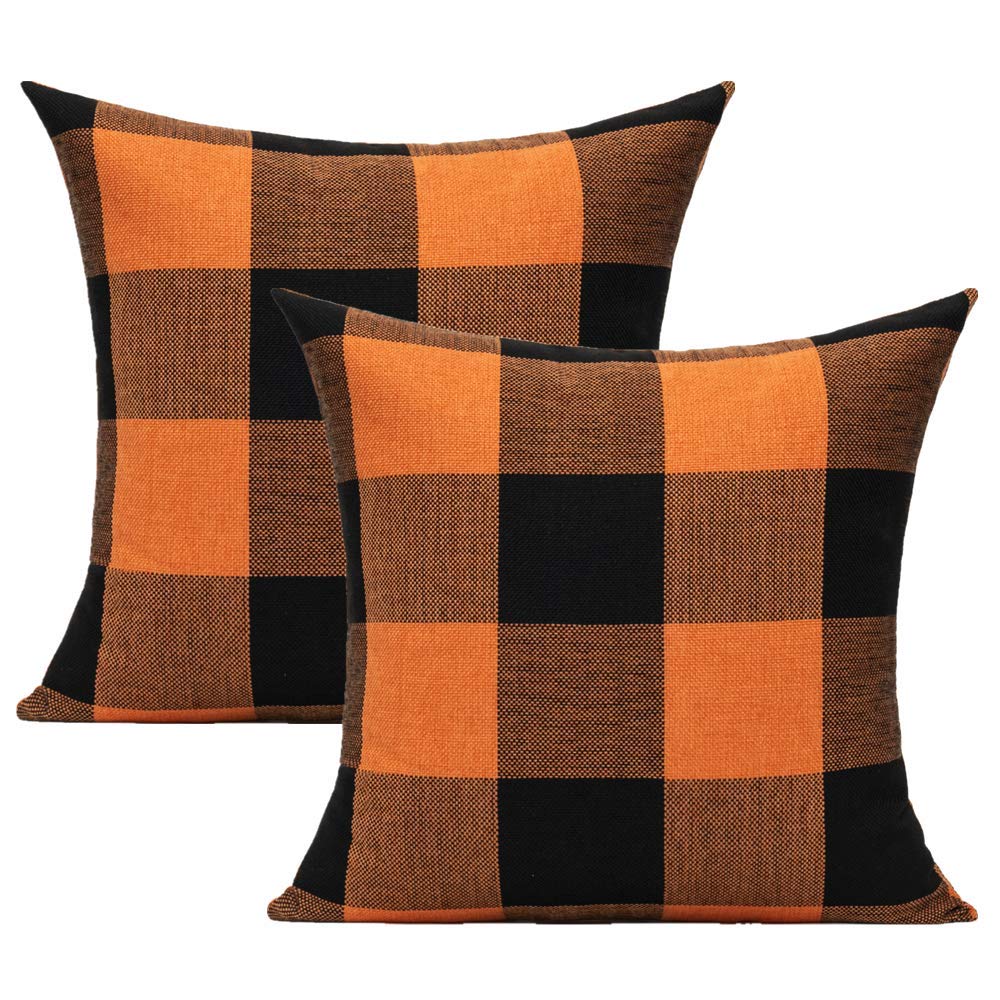 VAKADO Halloween Orange and Black Buffalo Plaids Decorative Throw Pillow Covers Fall Farmhouse Classic Retro Rustic Square Cushion Cases Home Decor for Sofa Couch Patio Outdoor 18x18 Set of 2