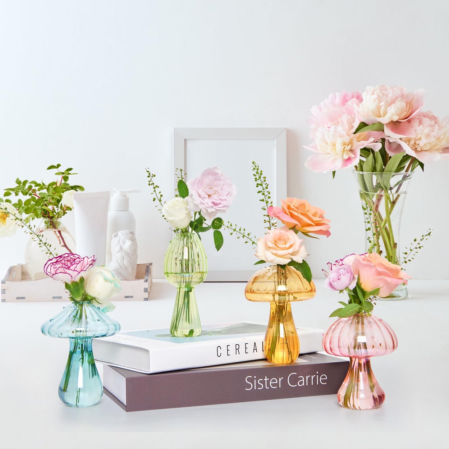 XXXFLOWER Glass Mushroom Vase Propagation Planter Window Plant Propagation Station Crystal Hydroponic Mushroom Jars for Plant Cuttings Unique Glass Bud Flower Vase Indoor for Home Office Garden Decor