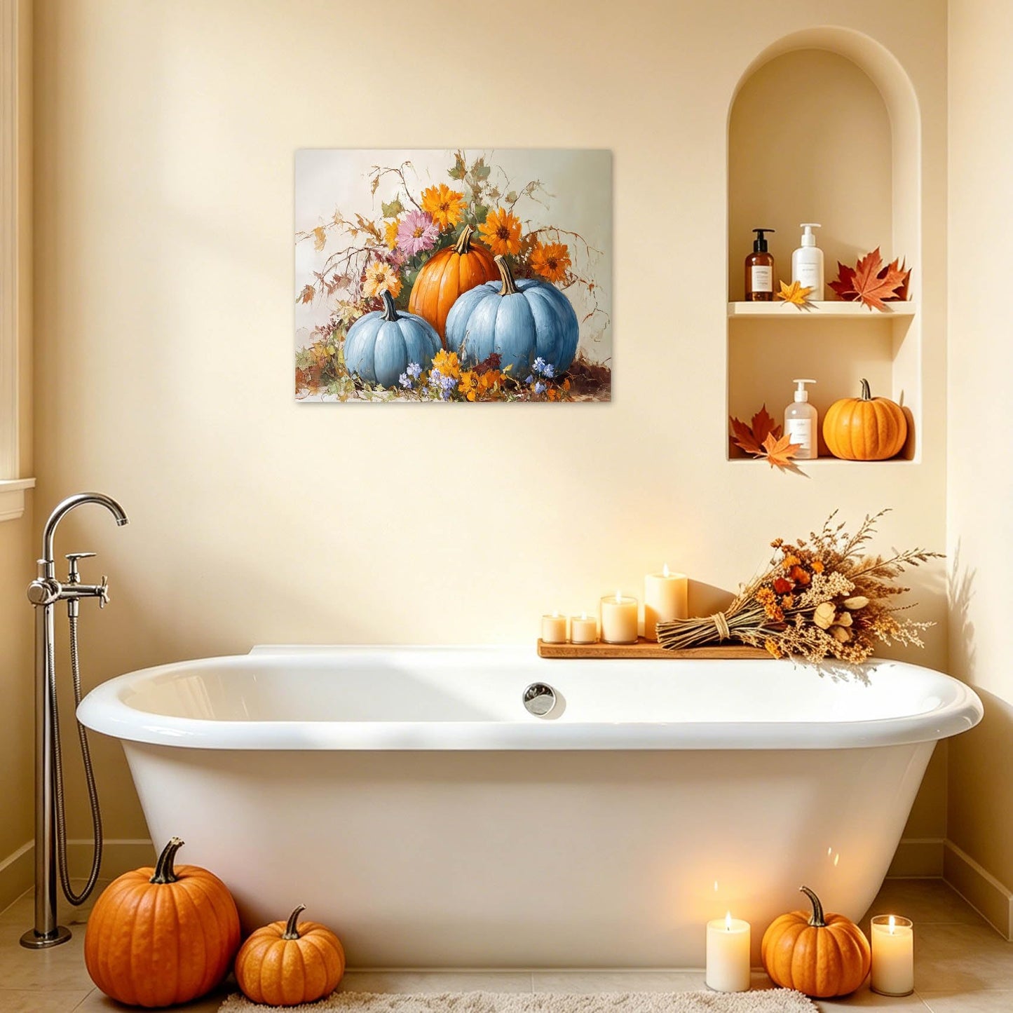 LB Blue and Orange Pumpkin Wall Art for Bathroom Fall Harvest Pumpkin and Plant Orange Floral Canvas Wall Art Thanksgiving Autumn Framed Wall Decor for Living Room Bedroom Ready to Hanging 16x12 Inch