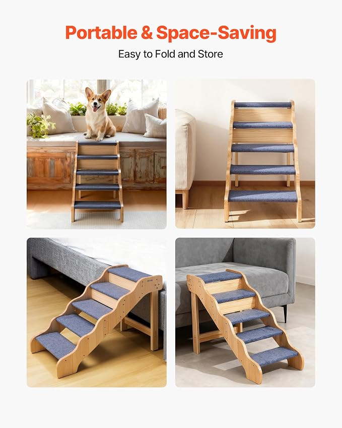 VEVOR Wood Pet Stairs, 5-Step Dog Stairs for High Beds, Sofa & Cars, 150lbs Load Capacity, Non-Slip Surface, Stable Cat & Dog Step Ladder for Small Medium Large Older Pet Puppy Essentials