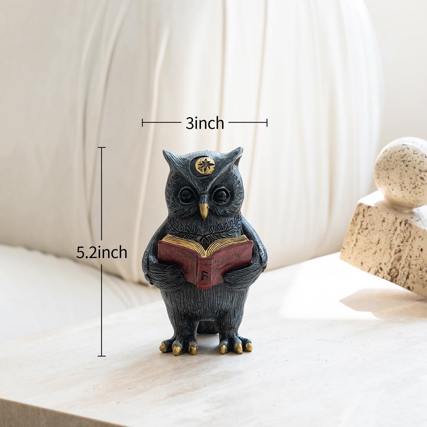 SOREFAFA Black Magic Cute Owl Reading Book Statue (3" L x 5.2" H) - Mystical Resin Figurine for Witchy Gothic Room & Dark Academia Bookshelf Decor - Gifts for Book Lovers, Wiccans, Halloween