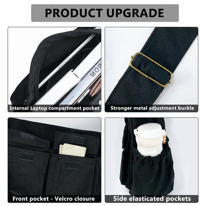 VODIU Canvas Messenger Bag Large Hobo Crossbody Bags for Women,Men, Shoulder Tote Handbags with Laptop Pocket Black